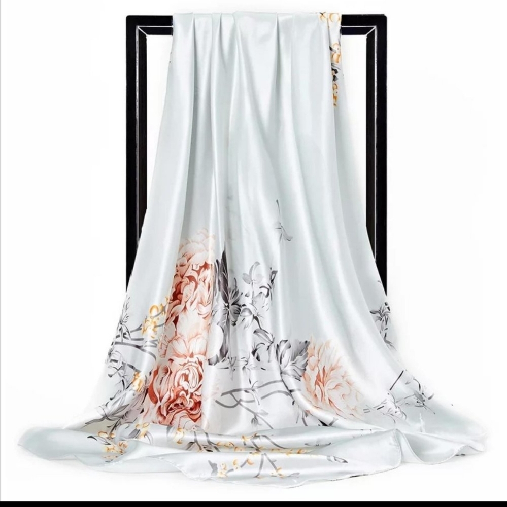 Large White Floral Silk Feel Scarf